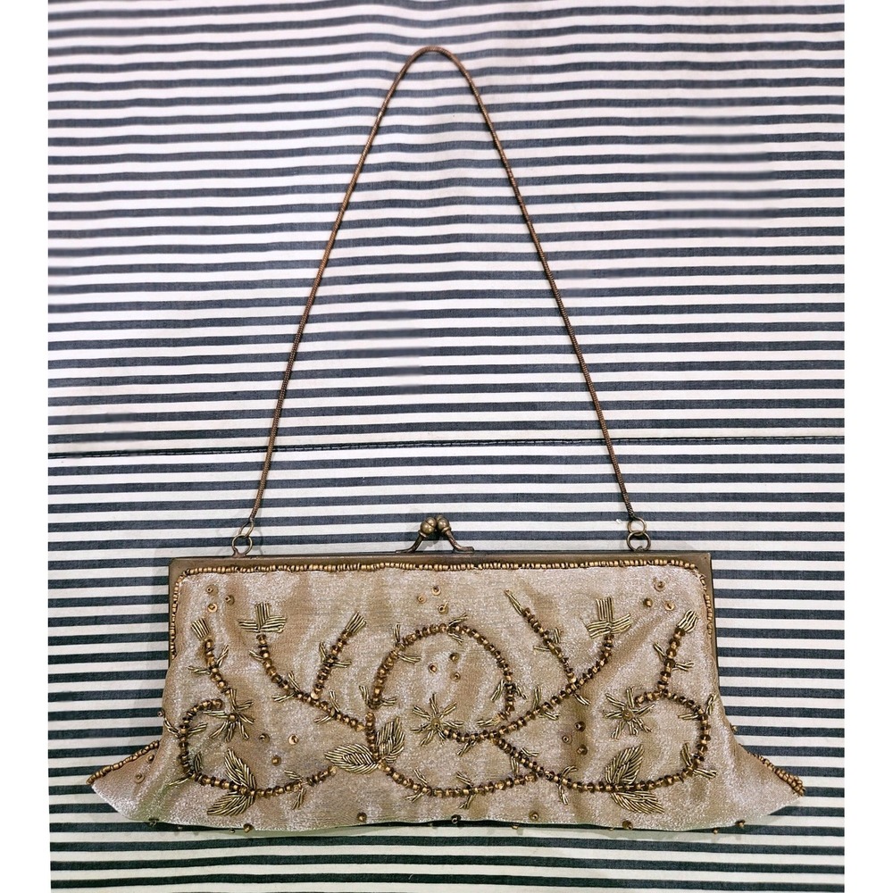 Vintage Gold Beaded Evening Clutch Bag Floral Pattern Metal Frame Wedding Formal